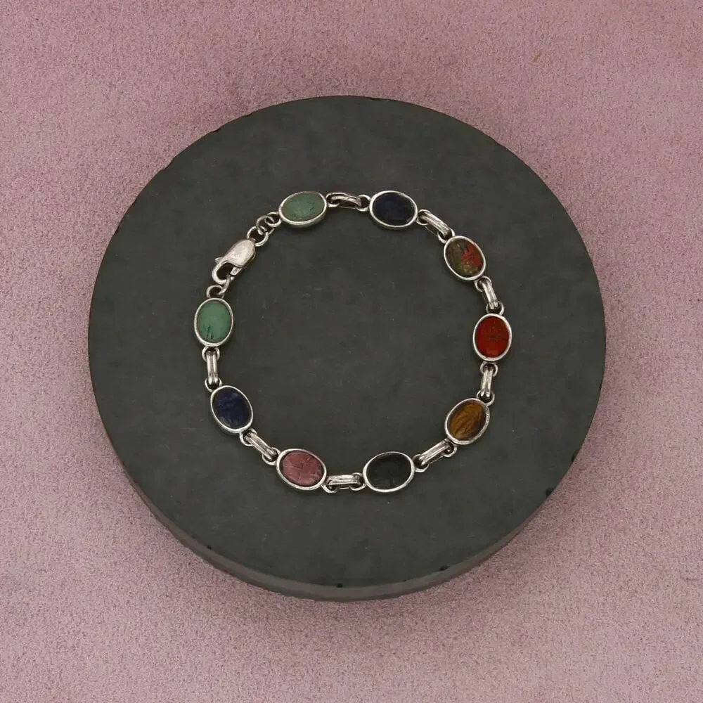 sterling silver vintage multi-stone scarab beetle link bracelet size 7in
